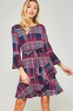 Promesa Women's Layered Ruffle Dress Long Sleeve Plaid Size Large